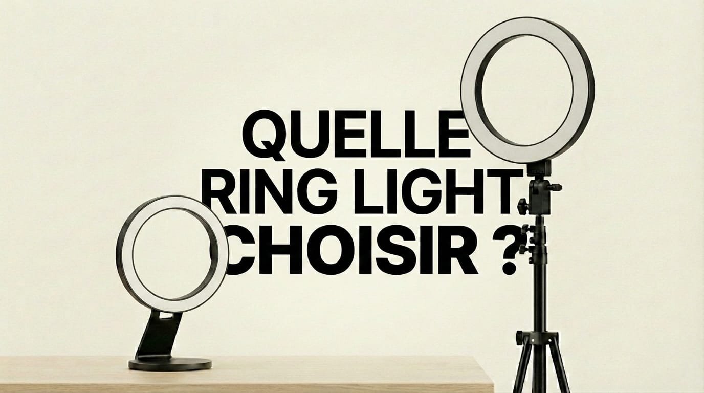 Un anneau lumineux compact de bureau posé à côté d'un anneau plus grand monté sur trépied télescopique.