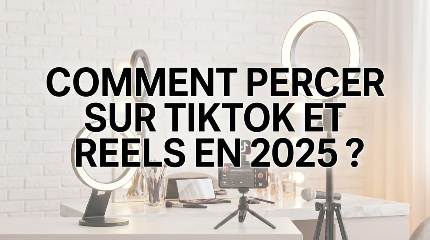Personne filmant une vidéo verticale au smartphone, anneau lumineux monté sur un trépied déployé devant elle.