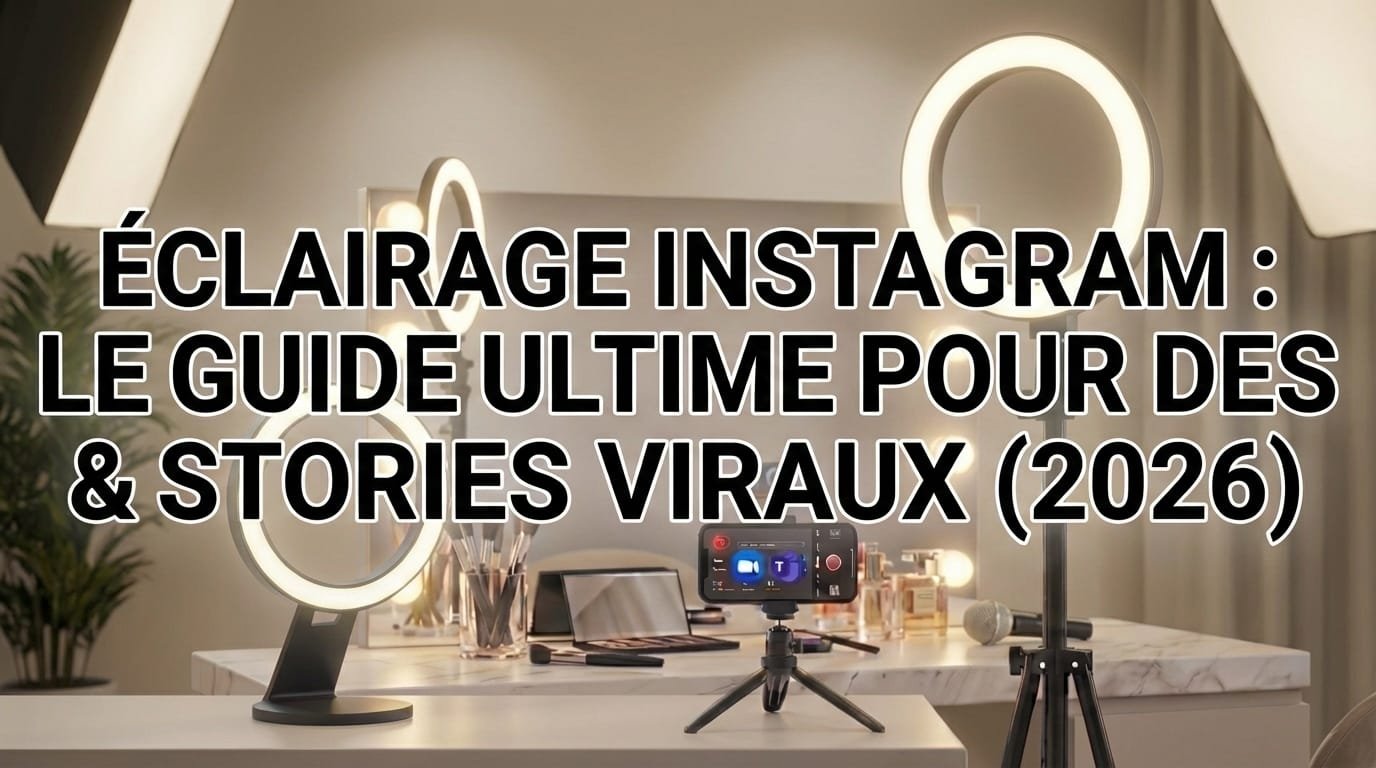 Smartphone en cadrage vertical monté sur un anneau lumineux, filmant une personne assise à son bureau.
