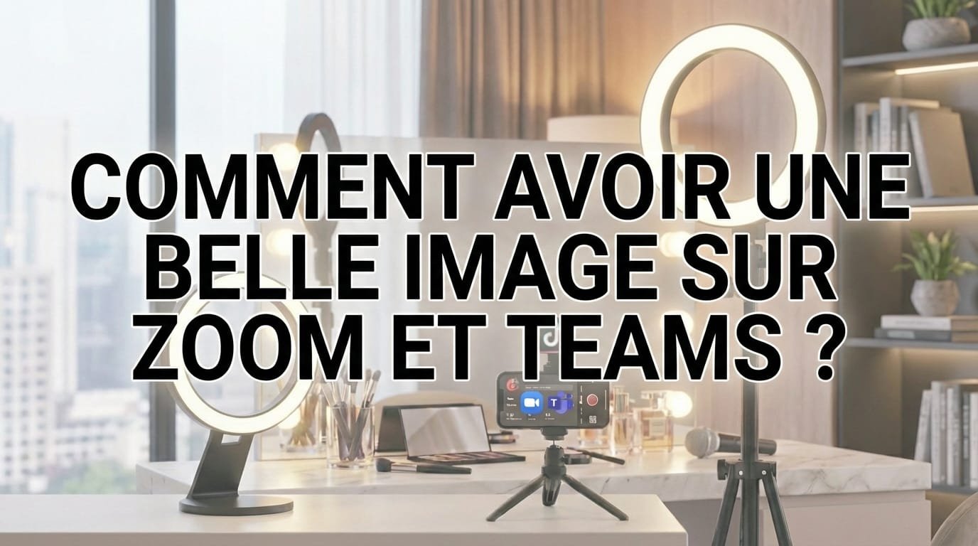 Personne en visioconférence devant un ordinateur portable, éclairée de face par un anneau lumineux posé derrière l'écran.