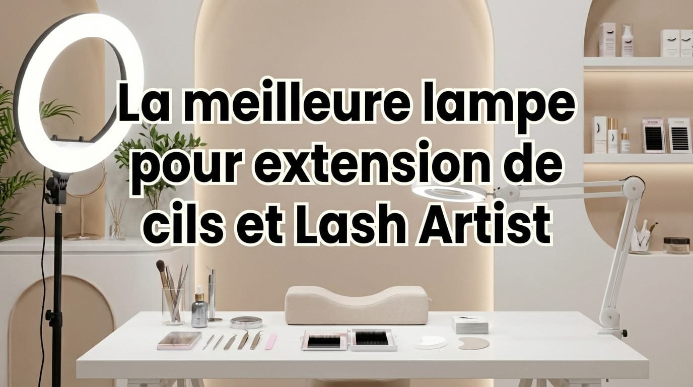Pose d'extensions de cils sur une cliente allongée, sous une source lumineuse placée au-dessus du visage.