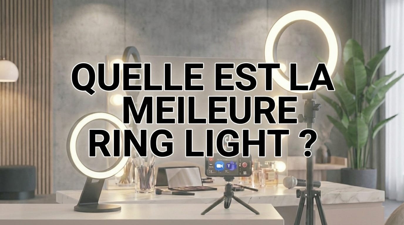 Plusieurs anneaux lumineux de tailles différentes posés côte à côte sur un bureau.