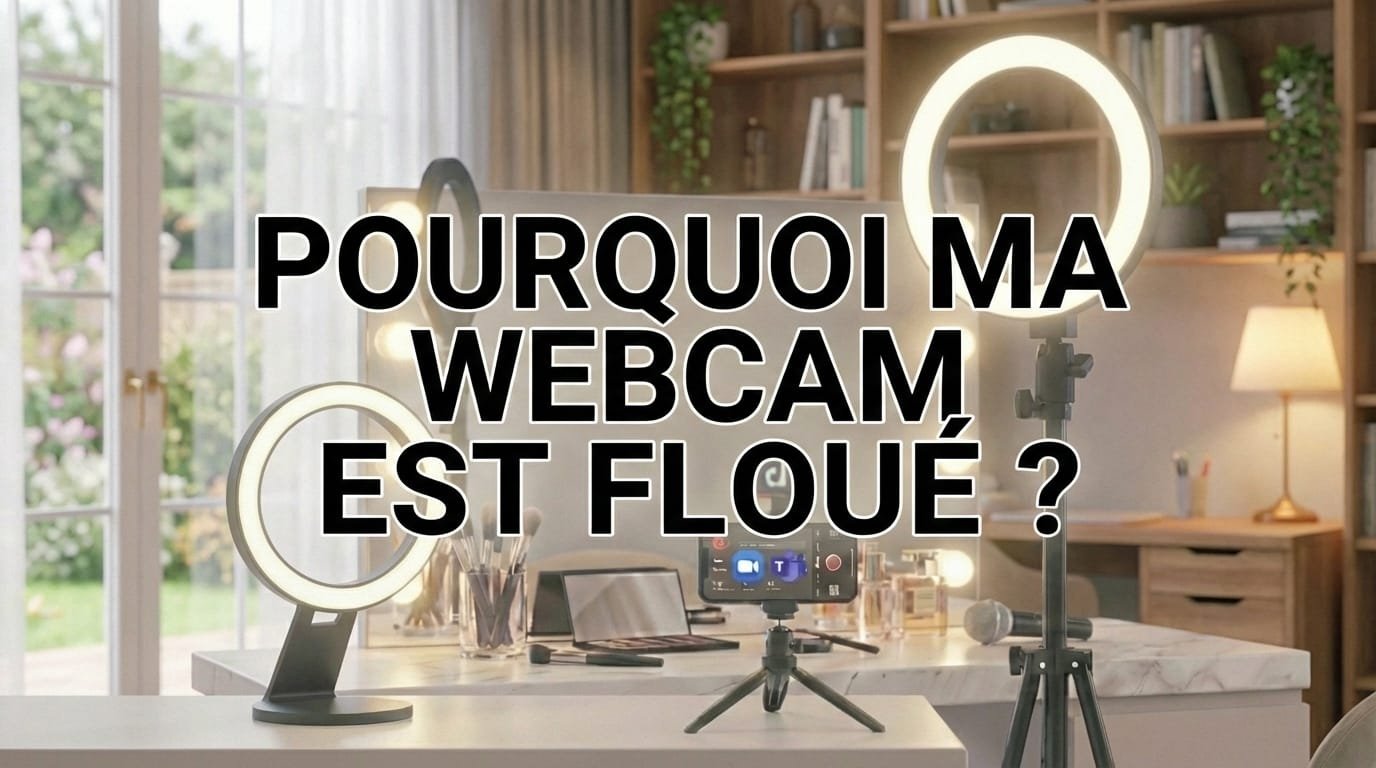 Personne en visioconférence devant un écran, éclairée par une lumière frontale placée derrière la webcam.