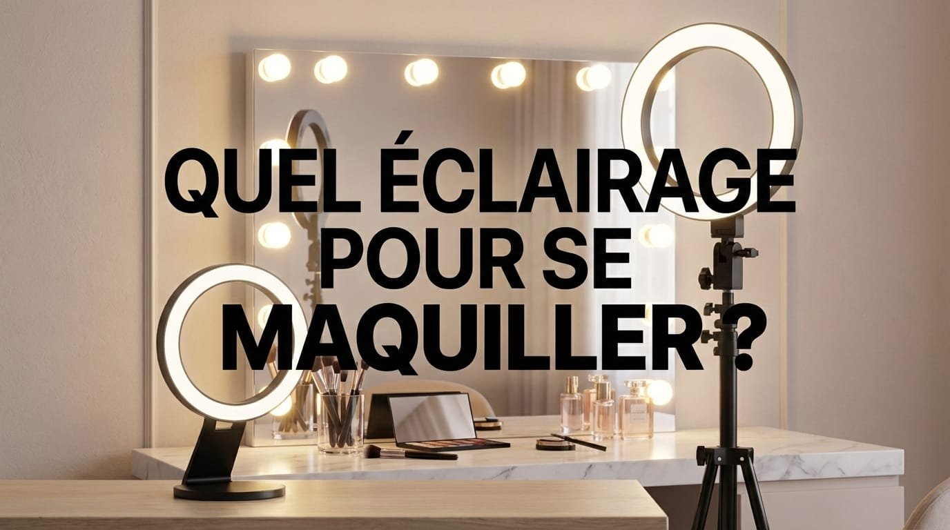 Visage maquillé éclairé de face, devant un miroir de coiffeuse.