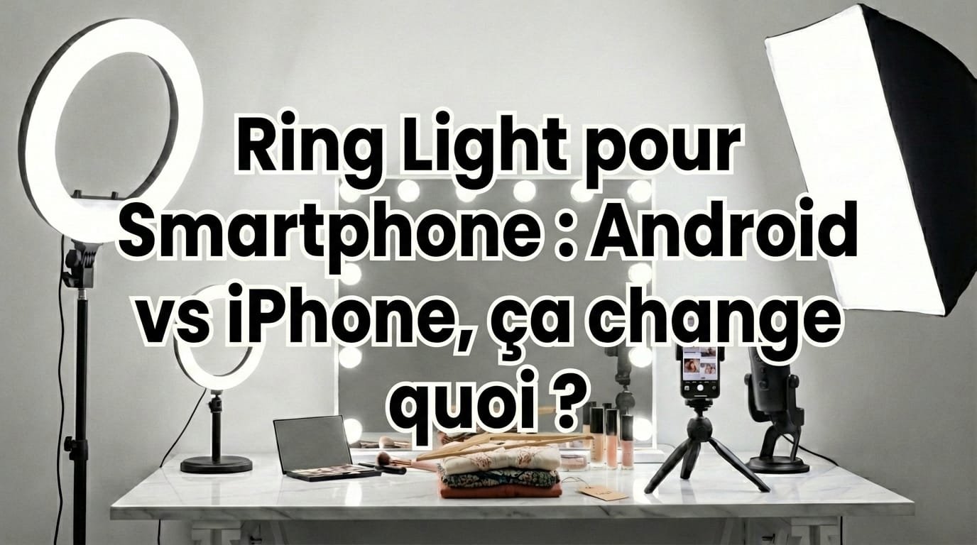 Smartphone maintenu par une pince au centre d'un anneau lumineux allumé, objectif dégagé.