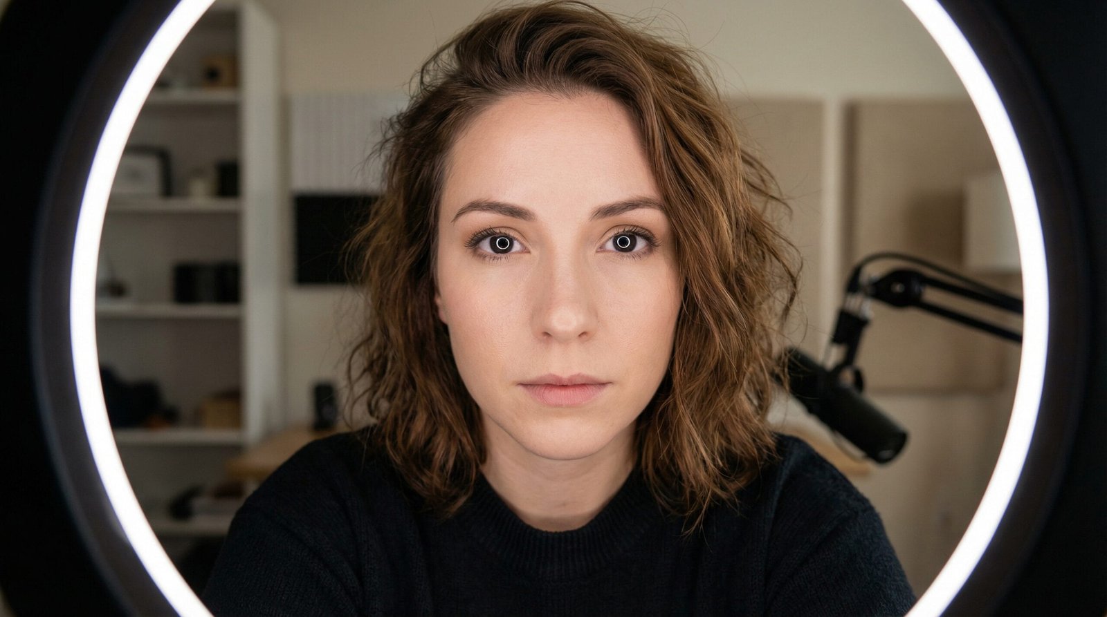 Même femme filmée à travers une ring light allumée : teint uni, image nette et reflet circulaire de l’anneau dans les yeux